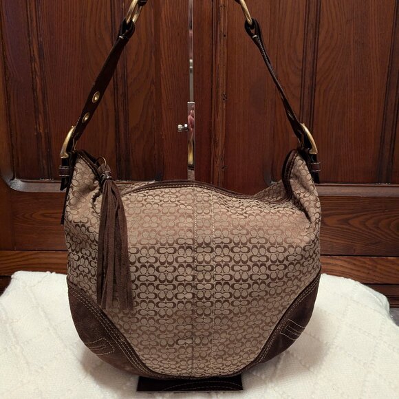 Vintage Coach 2158 Brown Signature Logo Suede Leather Hobo Shoulder - Picture 1 of 16